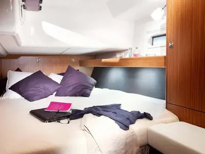 Cabin on Odysseus, a Bavaria Cruiser 46 sailboat at Athens, Greece