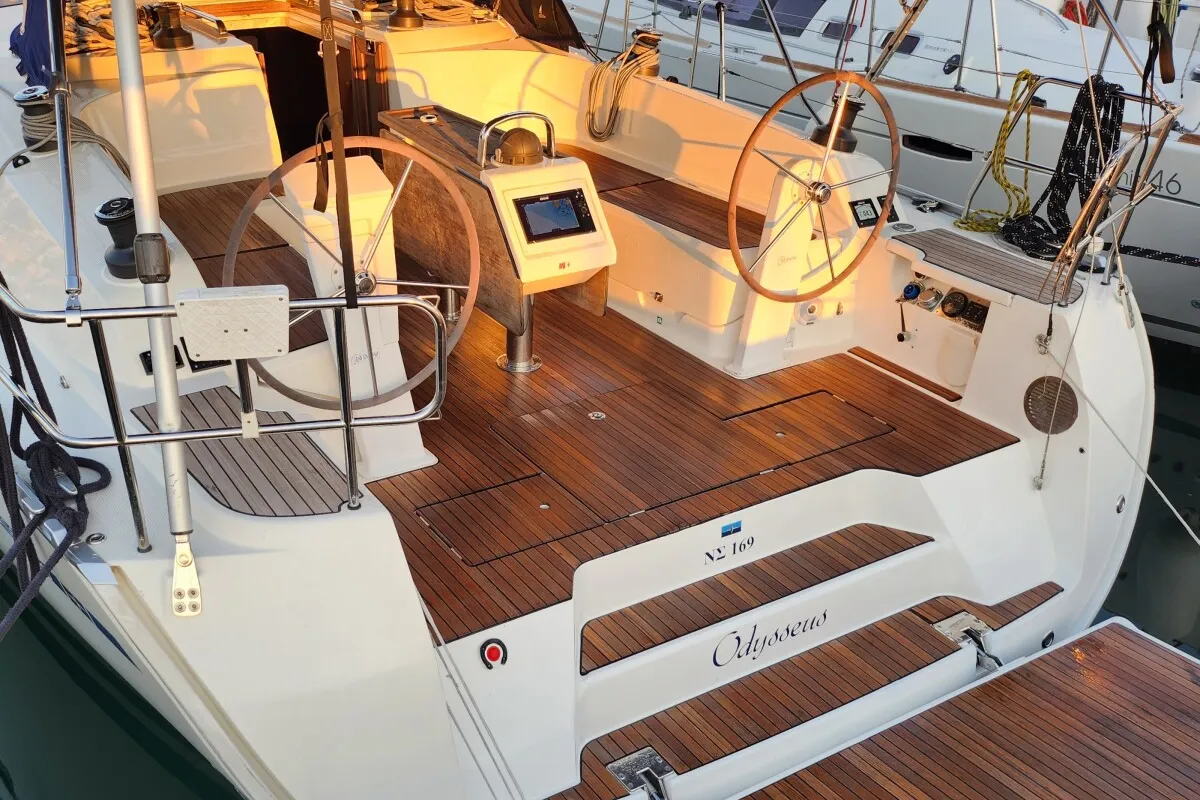 Cockpit of Odysseus, a Bavaria Cruiser 46 sailboat at Athens, Greece