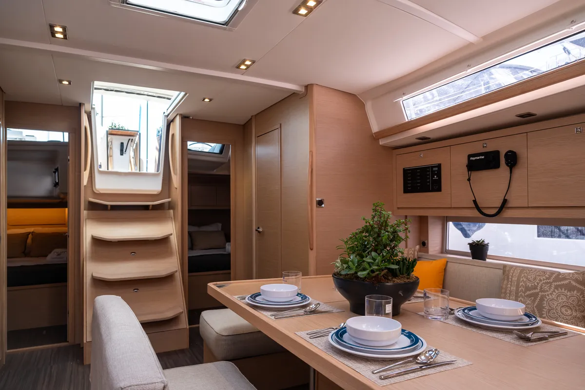 Salon of Aegean Blue, a Dufour 470 sailboat at Athens, Greece