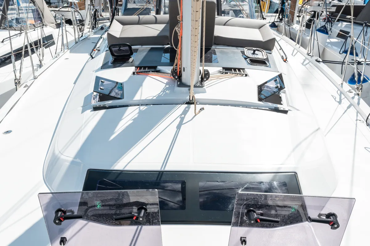 Deck of Aegean Blue, a Dufour 470 sailboat at Athens, Greece