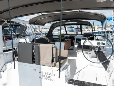 Cockpit of Aegean Blue, a Dufour 470 sailboat at Athens, Greece