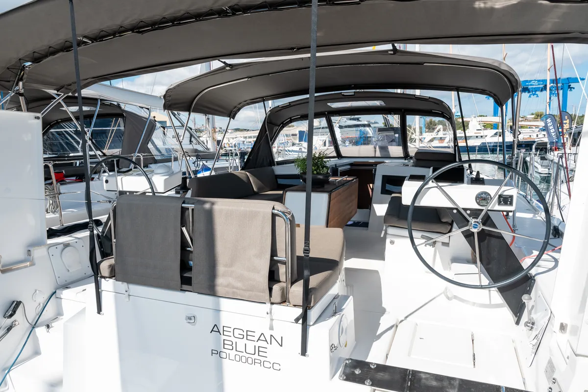 Cockpit of Aegean Blue, a Dufour 470 sailboat at Athens, Greece