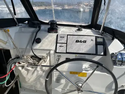 Cockpit of BONOBO, a Lagoon 40 catamaran at Lefkada, Greece