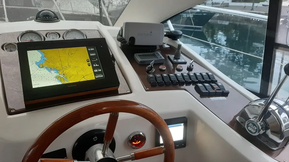 Cockpit of Norah, a Sessa Dorado 32 motorboat at Zadar, Croatia