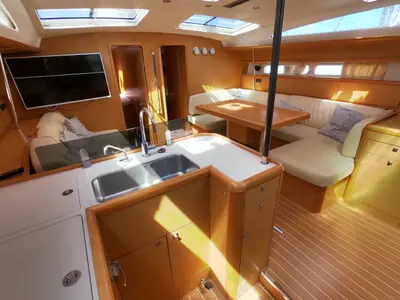 Galley of Anita, a Jeanneau 53 sailboat at Olbia, Italy