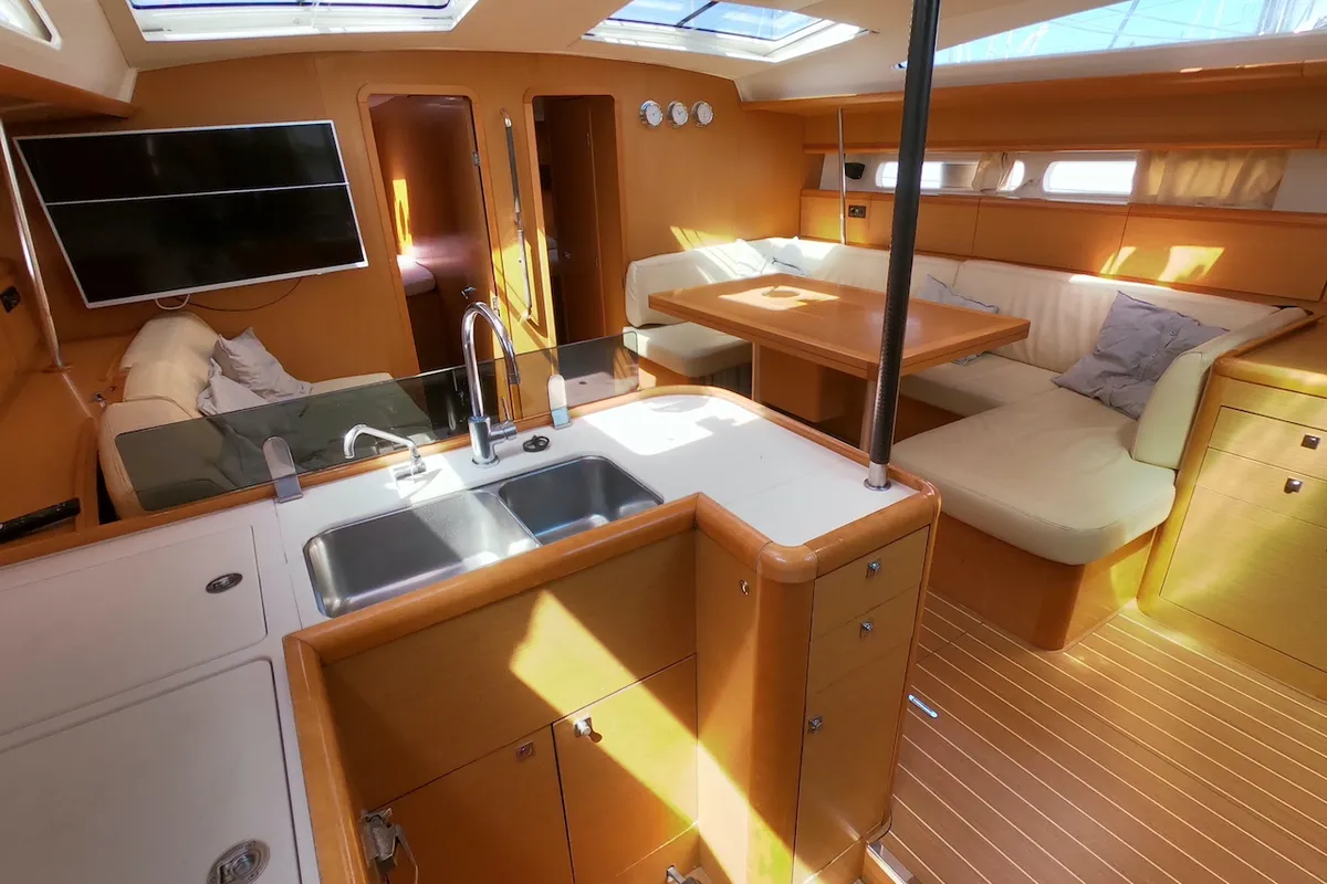 Galley of Anita, a Jeanneau 53 sailboat at Olbia, Italy