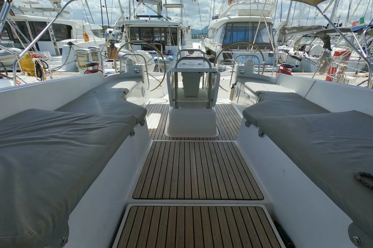 Deck of Anita, a Jeanneau 53 sailboat at Olbia, Italy