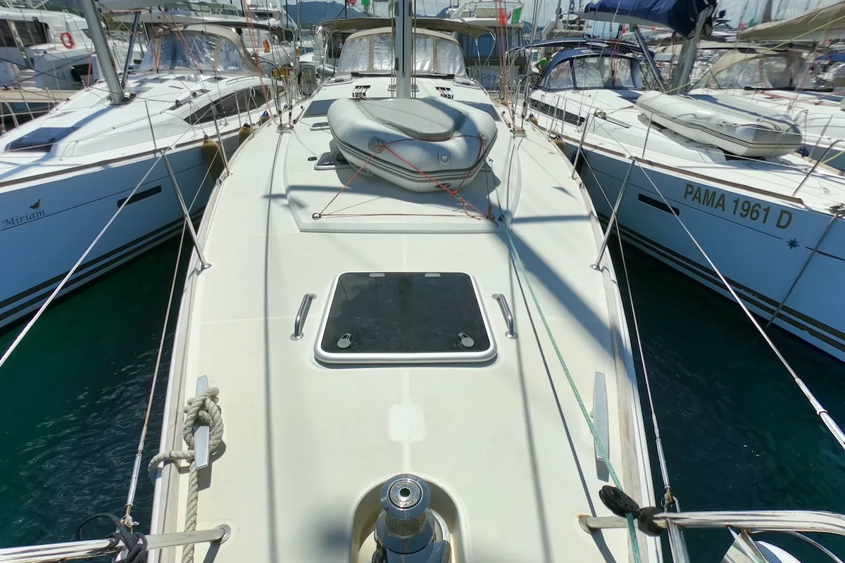 Deck of Anita, a Jeanneau 53 sailboat at Olbia, Italy