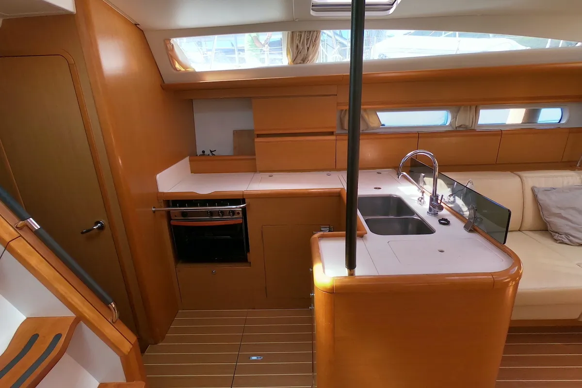 Galley of Anita, a Jeanneau 53 sailboat at Olbia, Italy