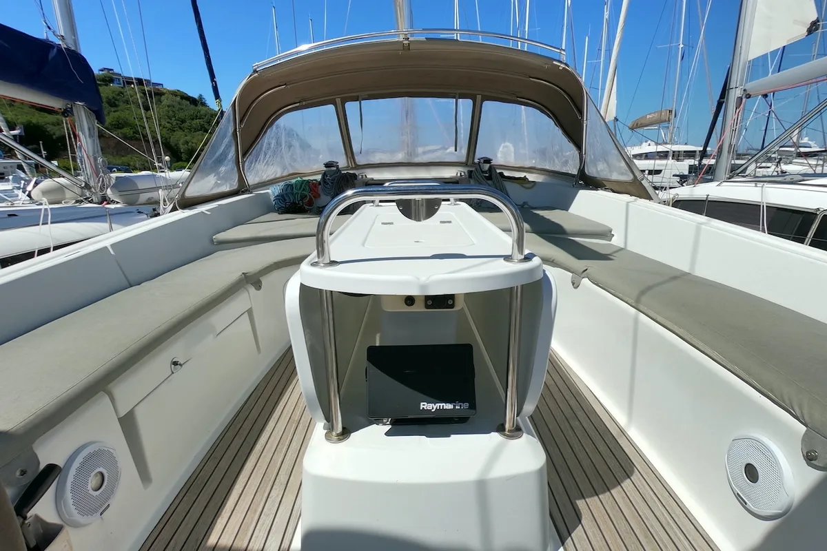 Deck of Anita, a Jeanneau 53 sailboat at Olbia, Italy