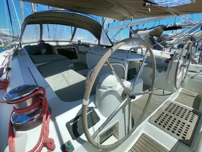 Cockpit of Anita, a Jeanneau 53 sailboat at Olbia, Italy