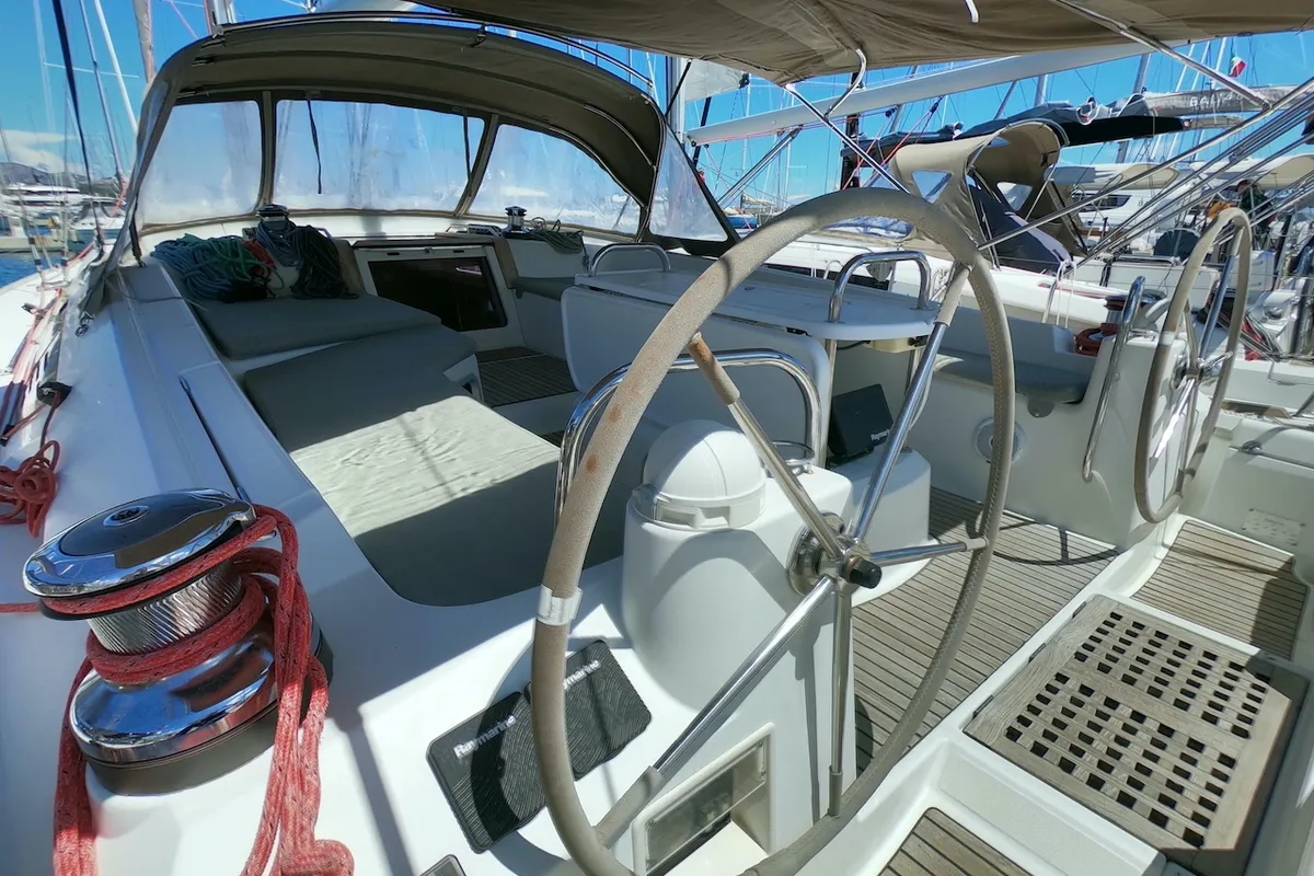 Cockpit of Anita, a Jeanneau 53 sailboat at Olbia, Italy