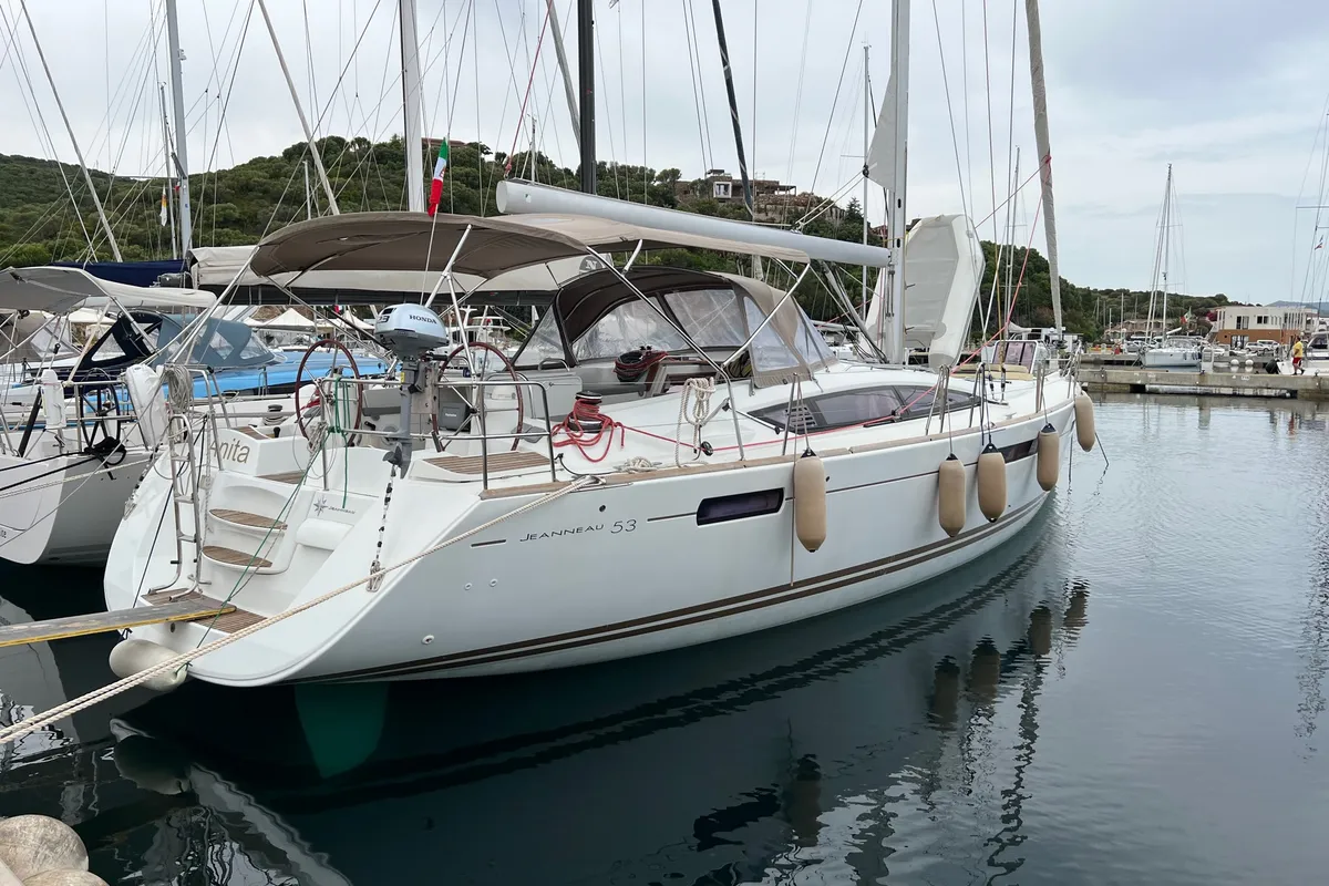 Exterior view of Anita, a Jeanneau 53 sailboat at Olbia, Italy