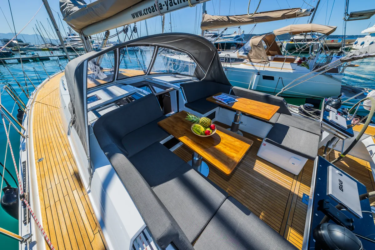 Deck of Pisch, a Hanse 460 sailboat at Grad Kaštela, Croatia
