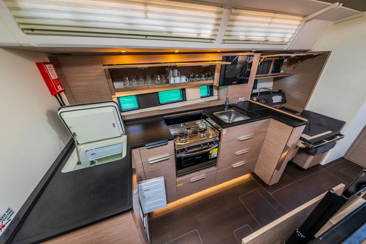 Galley of Pisch, a Hanse 460 sailboat at Grad Kaštela, Croatia
