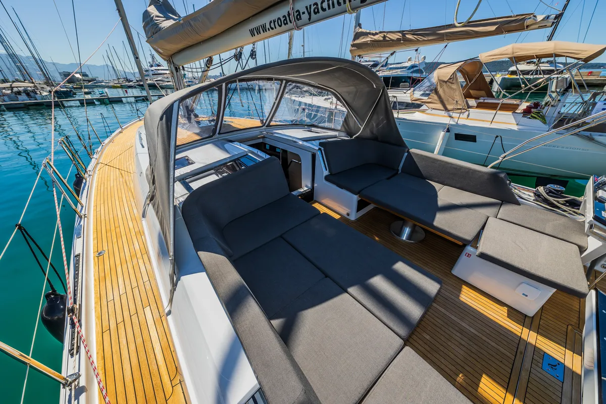 Deck of Pisch, a Hanse 460 sailboat at Grad Kaštela, Croatia