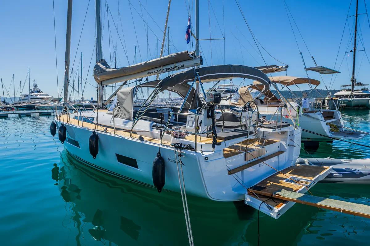 Exterior view of Pisch, a Hanse 460 sailboat at Grad Kaštela, Croatia