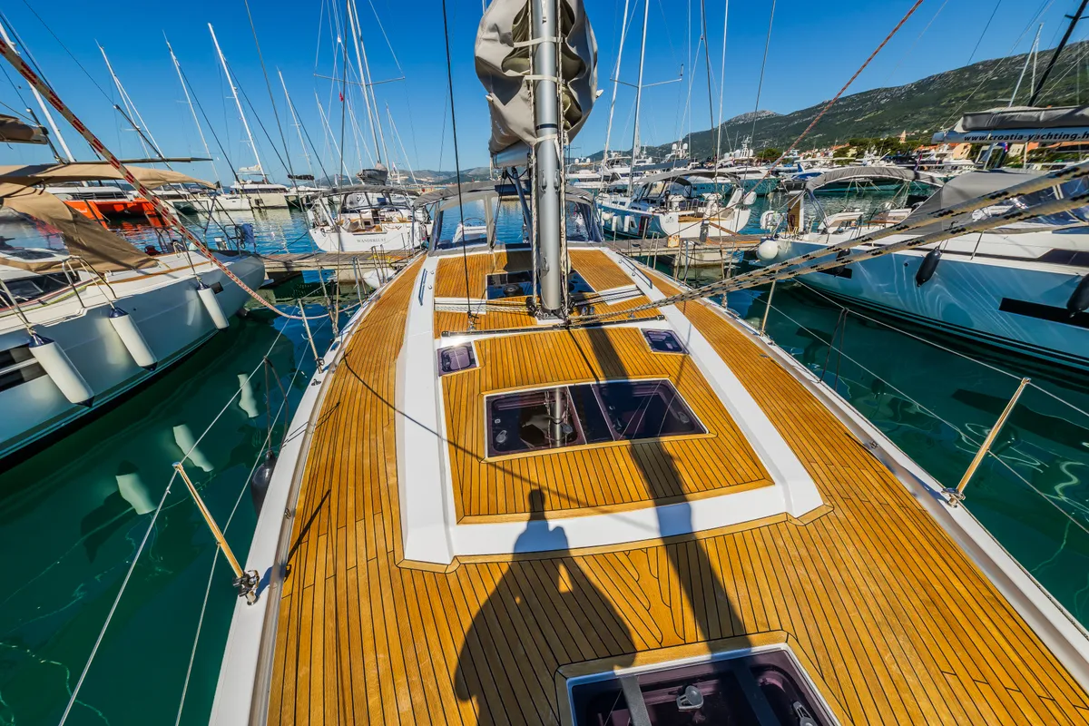 Deck of Pisch, a Hanse 460 sailboat at Grad Kaštela, Croatia