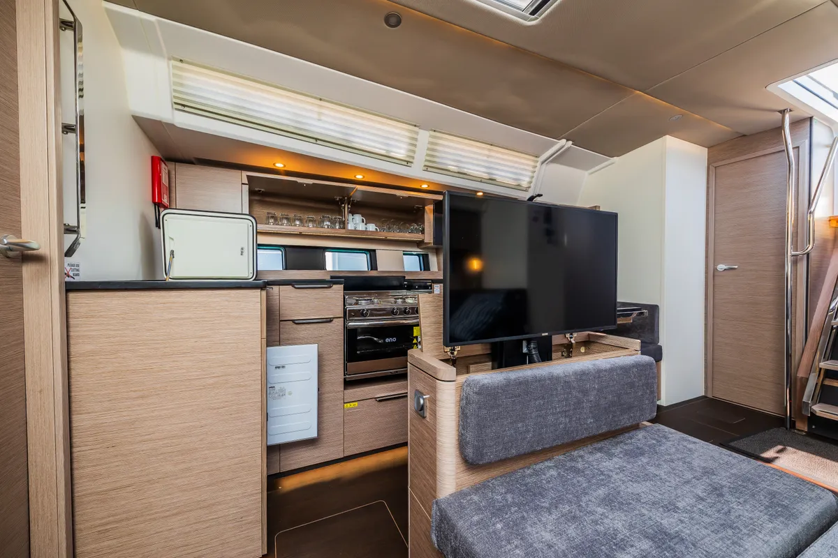 Galley of Pisch, a Hanse 460 sailboat at Grad Kaštela, Croatia