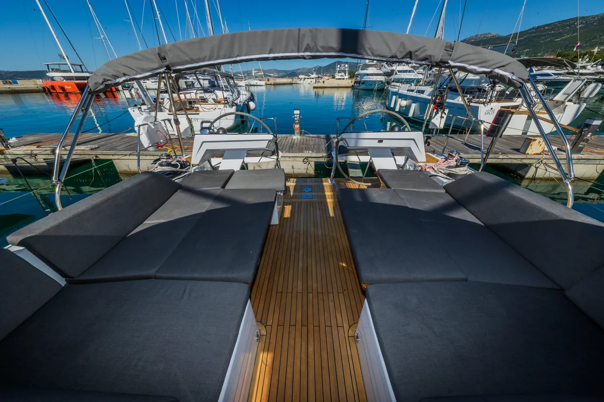 Deck of Pisch, a Hanse 460 sailboat at Grad Kaštela, Croatia