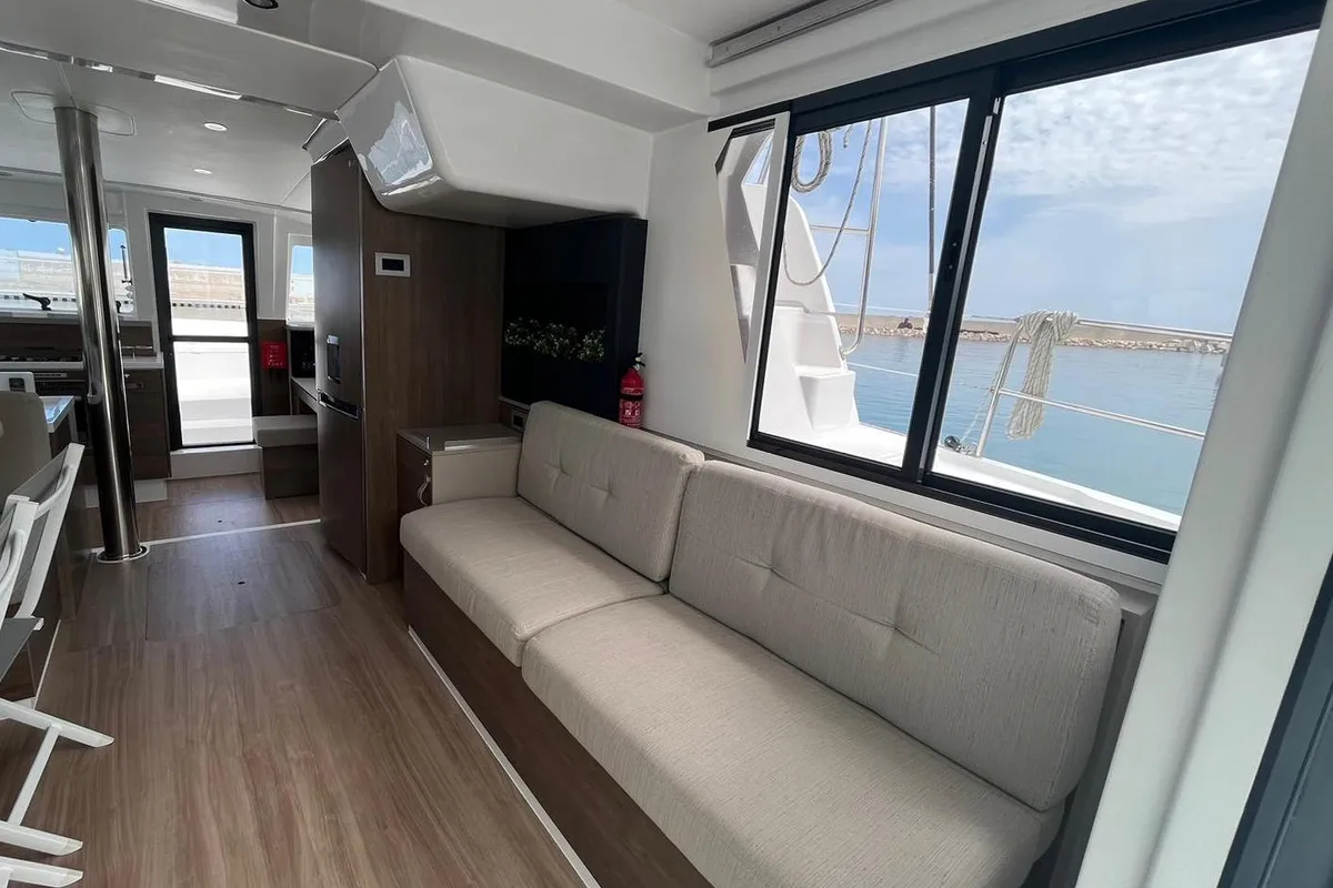 Salon of aMare, a Bali 4.2 catamaran at Capo d'Orlando, Italy