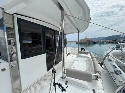 Deck of aMare, a Bali 4.2 catamaran at Capo d'Orlando, Italy