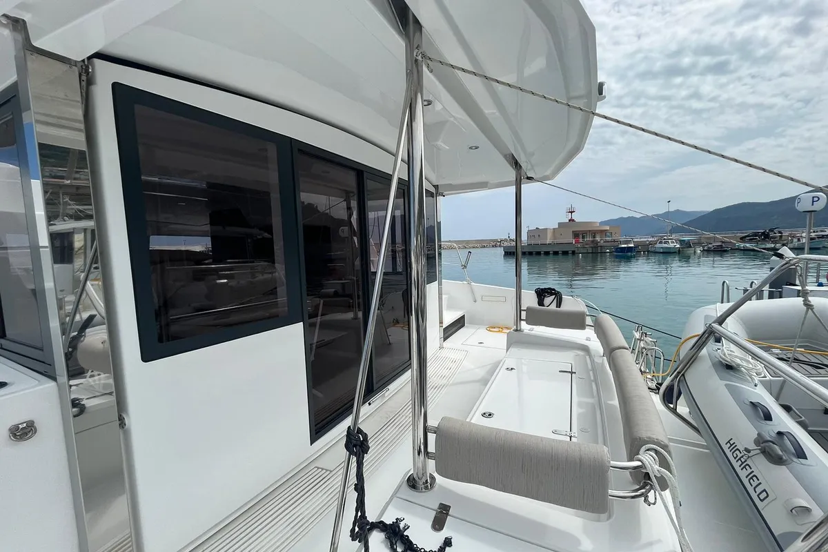 Deck of aMare, a Bali 4.2 catamaran at Capo d'Orlando, Italy