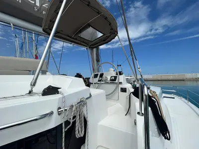 Cockpit of aMare, a Bali 4.2 catamaran at Capo d'Orlando, Italy