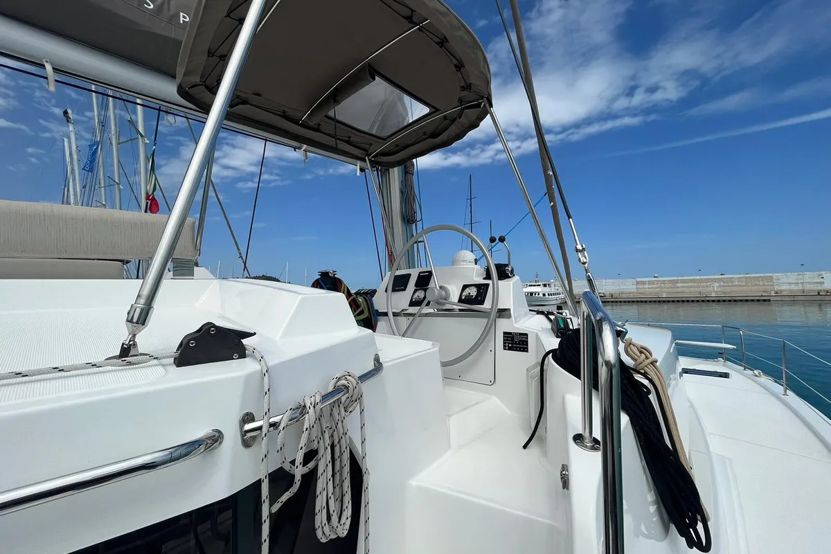Cockpit of aMare, a Bali 4.2 catamaran at Capo d'Orlando, Italy