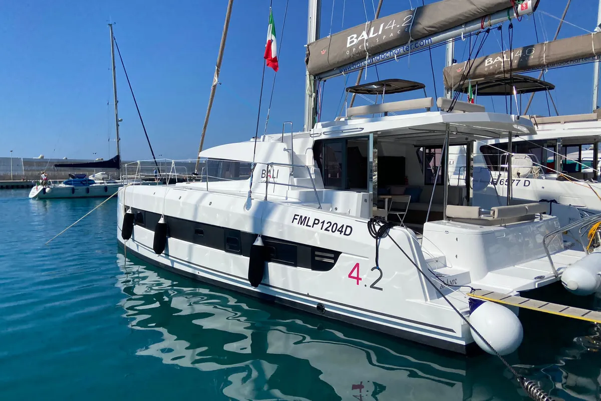 Exterior view of aMare, a Bali 4.2 catamaran at Capo d'Orlando, Italy