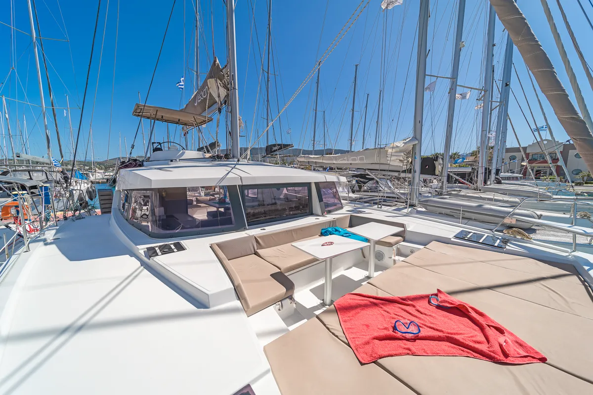 Deck of Anemoskala, a Bali 4.1 catamaran at Kontokali, Greece