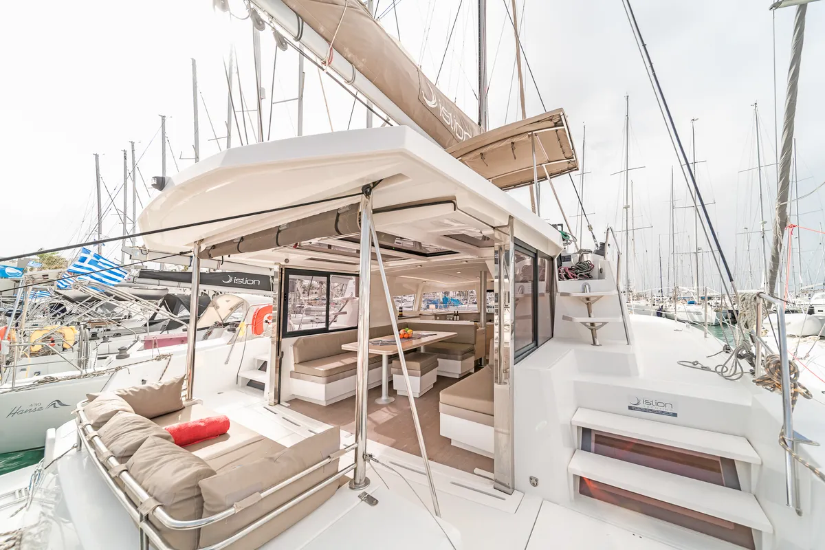 Deck of Anemoskala, a Bali 4.1 catamaran at Kontokali, Greece