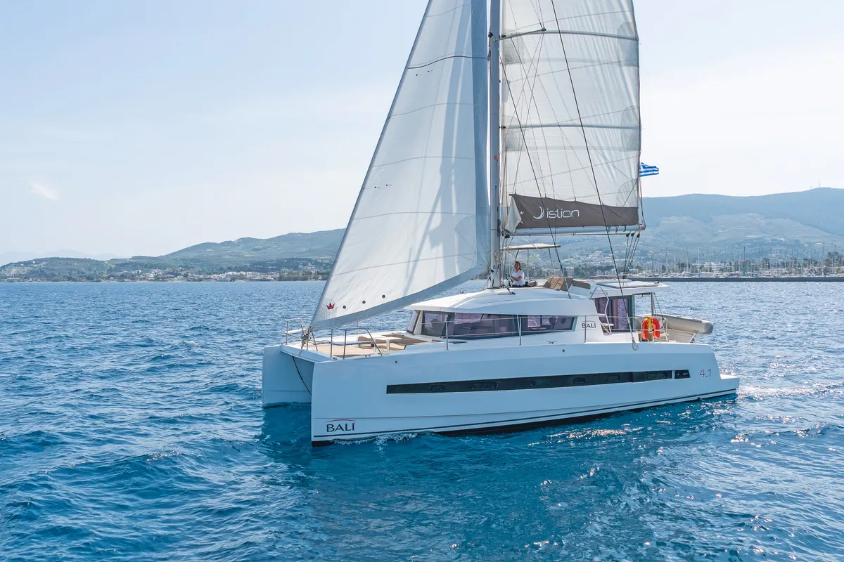 Exterior view of Anemoskala, a Bali 4.1 catamaran at Kontokali, Greece