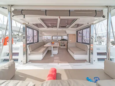 Salon of Anemoskala, a Bali 4.1 catamaran at Kontokali, Greece