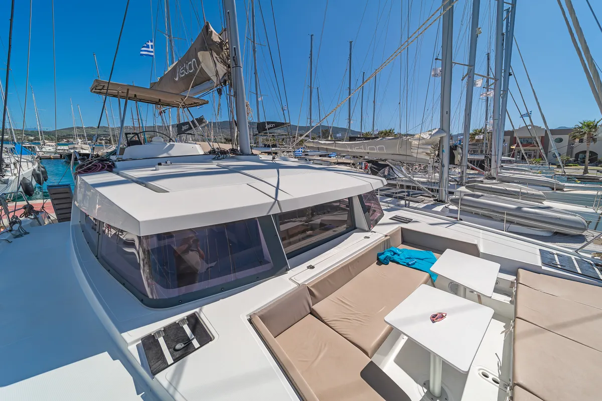 Deck of Anemoskala, a Bali 4.1 catamaran at Kontokali, Greece