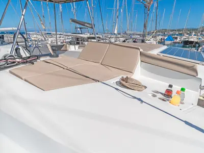 Deck of Anemoskala, a Bali 4.1 catamaran at Kontokali, Greece