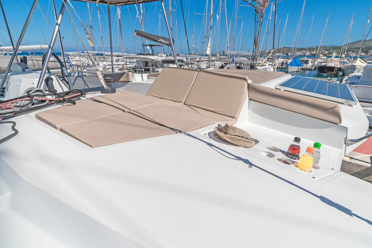 Deck of Anemoskala, a Bali 4.1 catamaran at Kontokali, Greece