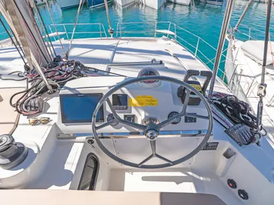 Cockpit of Anemoskala, a Bali 4.1 catamaran at Kontokali, Greece