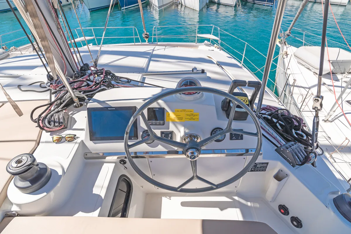 Cockpit of Anemoskala, a Bali 4.1 catamaran at Kontokali, Greece