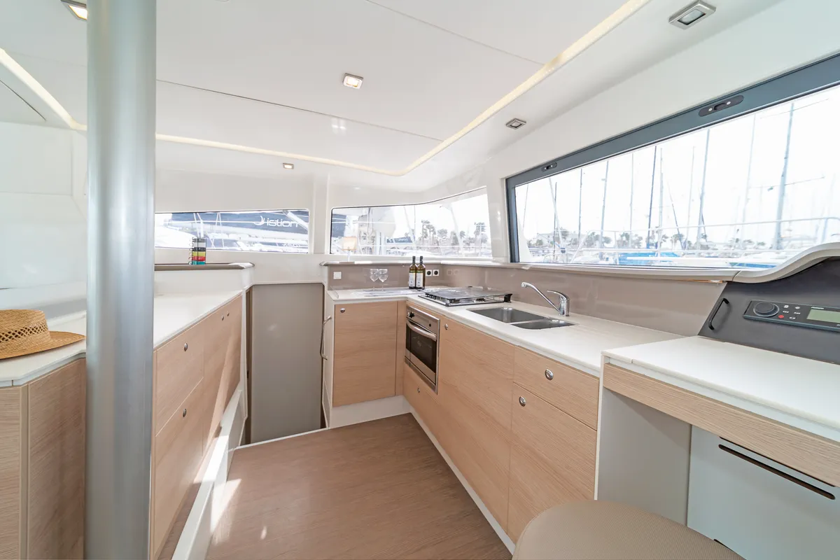 Galley of Anemoskala, a Bali 4.1 catamaran at Kontokali, Greece