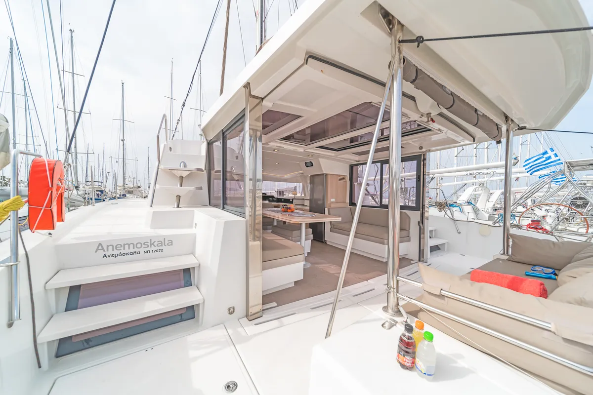 Deck of Anemoskala, a Bali 4.1 catamaran at Kontokali, Greece