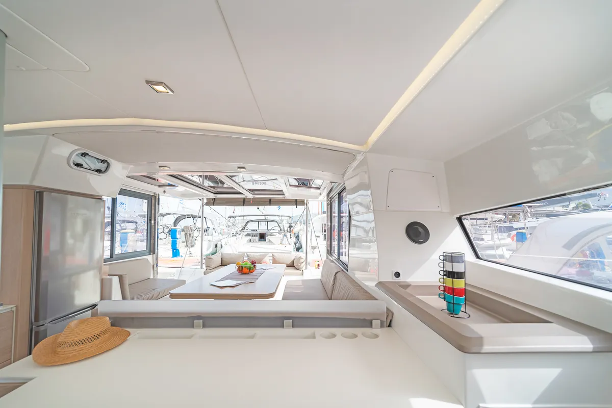 Salon of Anemoskala, a Bali 4.1 catamaran at Kontokali, Greece