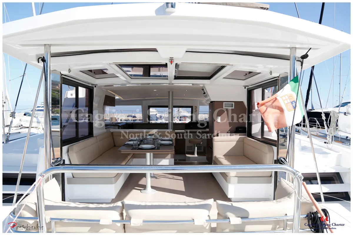 Deck of Rena Majore, a Bali 4.1 catamaran at Cagliari, Italy