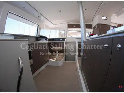 Cockpit of Rena Majore, a Bali 4.1 catamaran at Cagliari, Italy