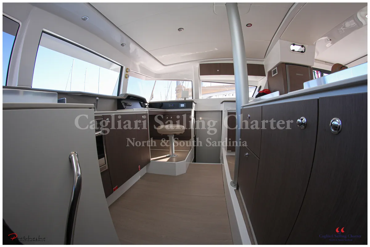 Cockpit of Rena Majore, a Bali 4.1 catamaran at Cagliari, Italy
