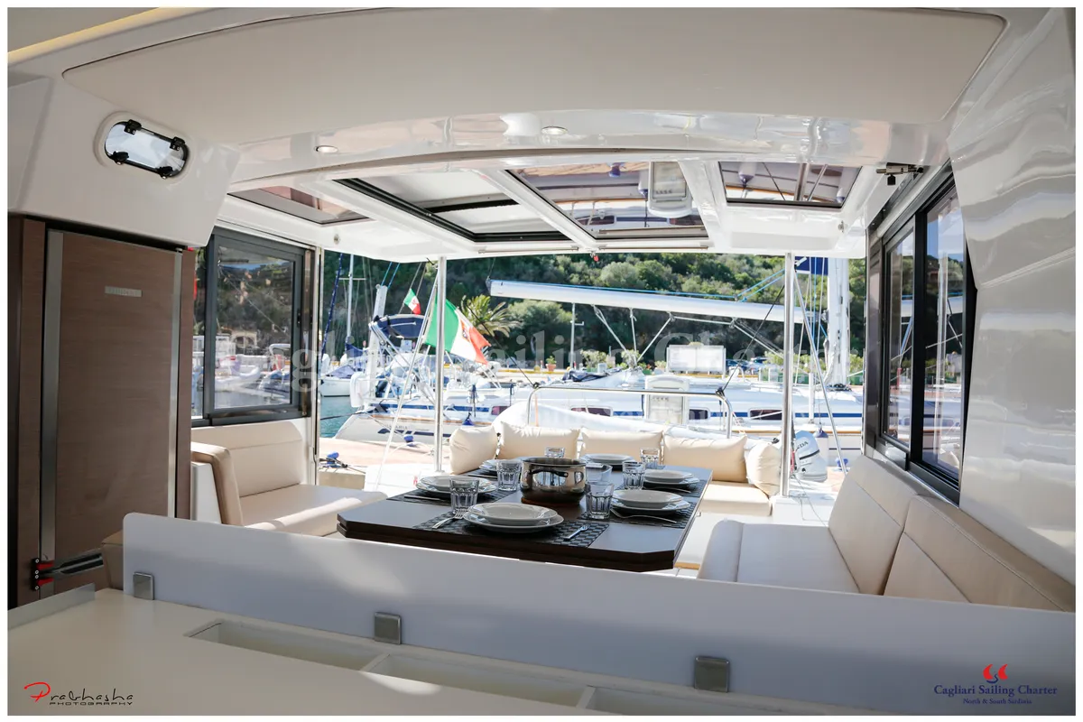 Salon of Rena Majore, a Bali 4.1 catamaran at Cagliari, Italy