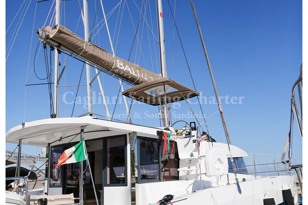 Exterior view of Rena Majore, a Bali 4.1 catamaran at Cagliari, Italy