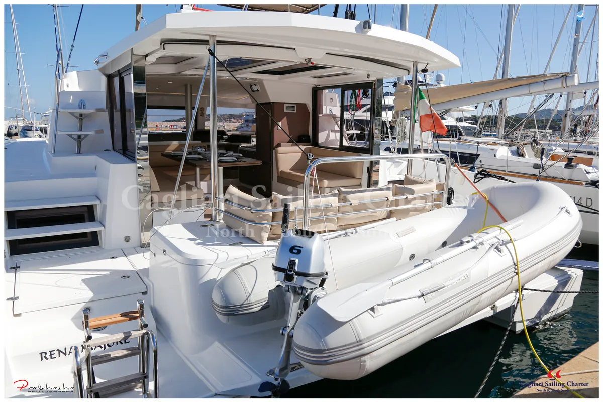 Exterior view of Rena Majore, a Bali 4.1 catamaran at Cagliari, Italy