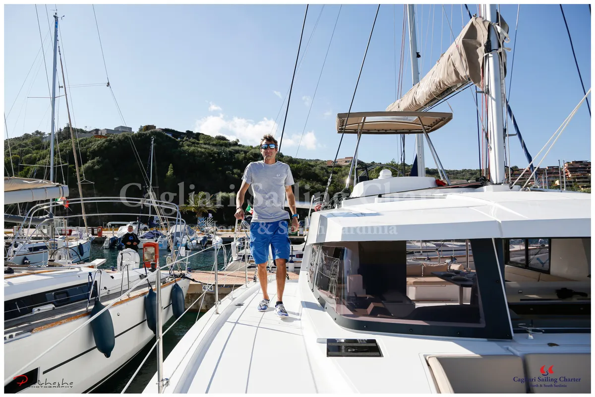 Deck of Rena Majore, a Bali 4.1 catamaran at Cagliari, Italy