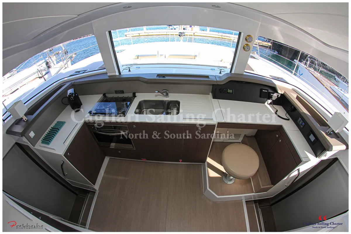 Cockpit of Rena Majore, a Bali 4.1 catamaran at Cagliari, Italy